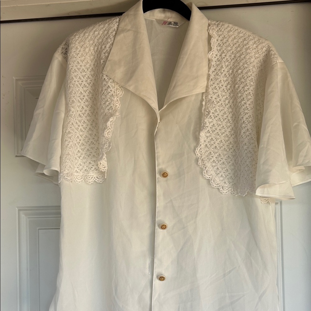 Vintage White Lace Panel Button-Up Blouse